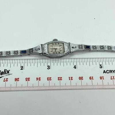 LOT:14: Antique Ollendoraff Ladyâ€™s Wristwatch fillagree band inset Blue Gem