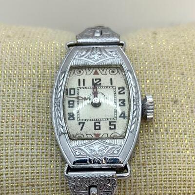 LOT:14: Antique Ollendoraff Ladyâ€™s Wristwatch fillagree band inset Blue Gem