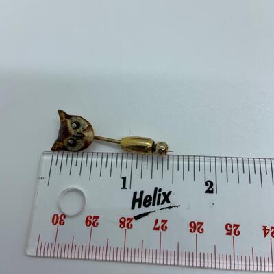 LOT:15: 14k Gold Brown Enamel  Owl Face Stick Pin with Diamond Chip eyes