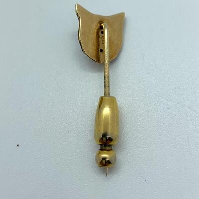 LOT:15: 14k Gold Brown Enamel  Owl Face Stick Pin with Diamond Chip eyes