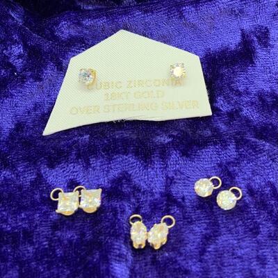 LOT:16: 18k over Sterling Silver 1 pair of Cubic Zirconia Stud Earrings ,no backs with 6 Cubic Zirconia Earring Danglers