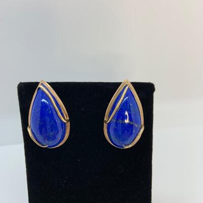 LOT:19: Large 14k Blue Lapis Teardrop Pierced Earrings No backs