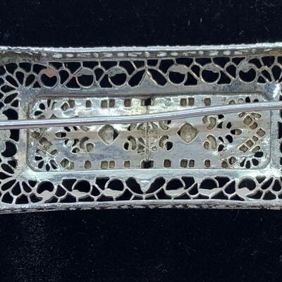 LOT:25: Antique Faux Diamond Emerald Filigree Brooch/Bar Pin