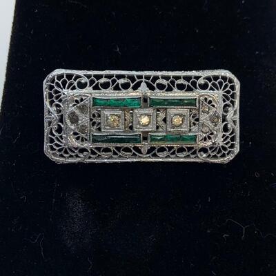 LOT:25: Antique Faux Diamond Emerald Filigree Brooch/Bar Pin