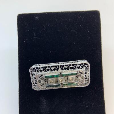 LOT:25: Antique Faux Diamond Emerald Filigree Brooch/Bar Pin