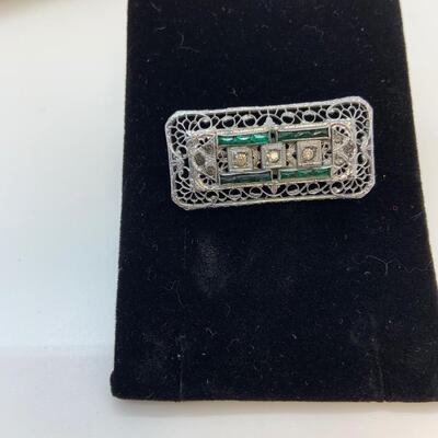 LOT:25: Antique Faux Diamond Emerald Filigree Brooch/Bar Pin