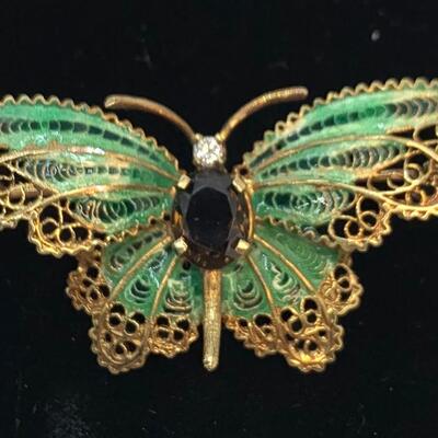 LOT:26: Vintage 14k Gold Green Enamel Butterfly with Smokey Topaz & Real Diamond chips