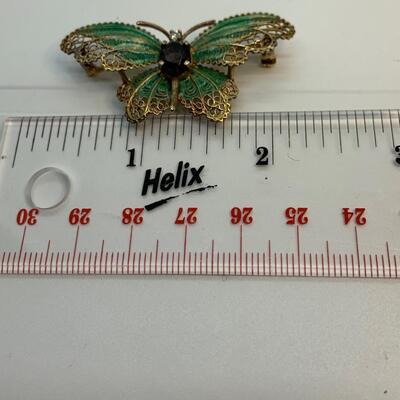 LOT:26: Vintage 14k Gold Green Enamel Butterfly with Smokey Topaz & Real Diamond chips