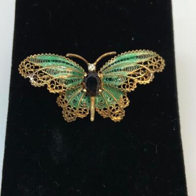 LOT:26: Vintage 14k Gold Green Enamel Butterfly with Smokey Topaz & Real Diamond chips