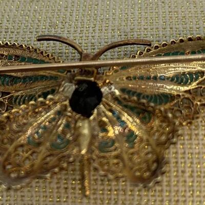 LOT:26: Vintage 14k Gold Green Enamel Butterfly with Smokey Topaz & Real Diamond chips