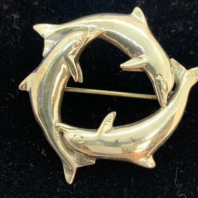 LOT:29: Southwestern Signed Kabana Sterling Silver 3 Dolphin Circular Brooch/Pin