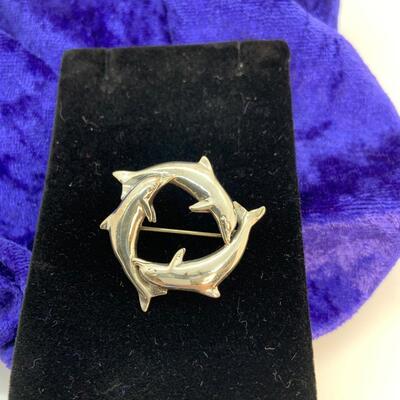 LOT:29: Southwestern Signed Kabana Sterling Silver 3 Dolphin Circular Brooch/Pin