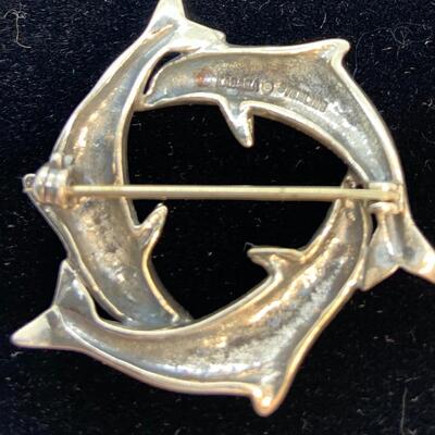 LOT:29: Southwestern Signed Kabana Sterling Silver 3 Dolphin Circular Brooch/Pin