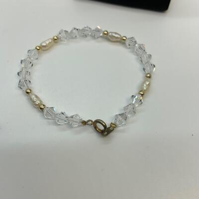 LOT:32: Freshwater Pearl 7â€ crystal Bracelet : Mother of Pearl 2â€ Fork and Knife Pin Set and 1 1/2 â€œ Drop Crystal Earrings