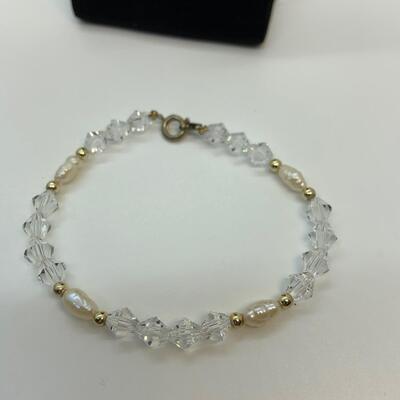 LOT:32: Freshwater Pearl 7â€ crystal Bracelet : Mother of Pearl 2â€ Fork and Knife Pin Set and 1 1/2 â€œ Drop Crystal Earrings