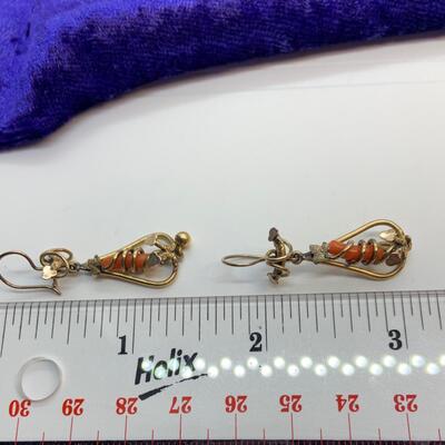 LOT:36: Victorian Gold Filled Coral Set- Dangling Pierced Earrings, Pendant and 3 Pins