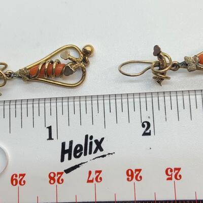 LOT:36: Victorian Gold Filled Coral Set- Dangling Pierced Earrings, Pendant and 3 Pins