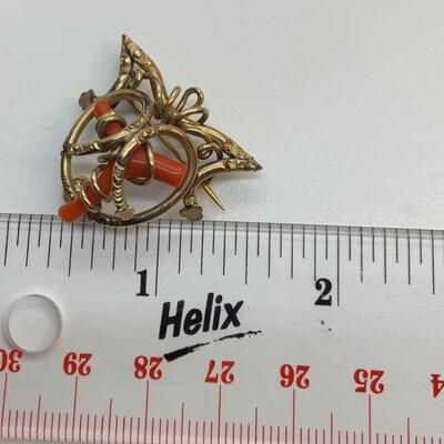 LOT:36: Victorian Gold Filled Coral Set- Dangling Pierced Earrings, Pendant and 3 Pins