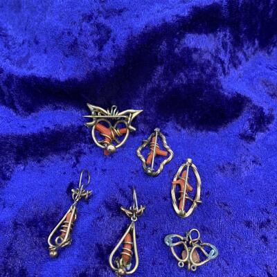 LOT:36: Victorian Gold Filled Coral Set- Dangling Pierced Earrings, Pendant and 3 Pins