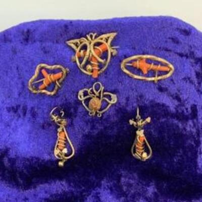 LOT:36: Victorian Gold Filled Coral Set- Dangling Pierced Earrings, Pendant and 3 Pins