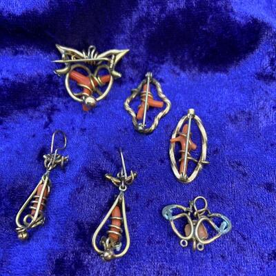 LOT:36: Victorian Gold Filled Coral Set- Dangling Pierced Earrings, Pendant and 3 Pins