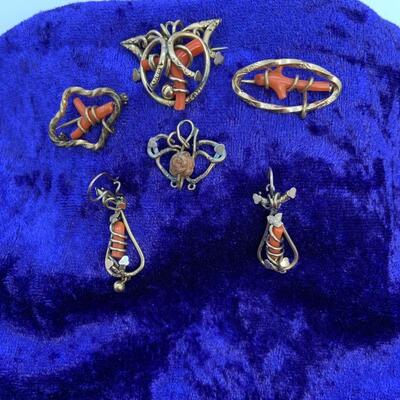LOT:36: Victorian Gold Filled Coral Set- Dangling Pierced Earrings, Pendant and 3 Pins