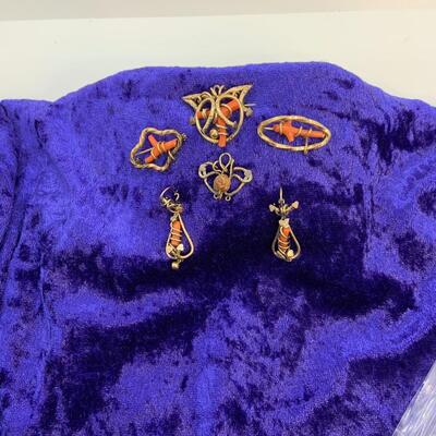 LOT:36: Victorian Gold Filled Coral Set- Dangling Pierced Earrings, Pendant and 3 Pins