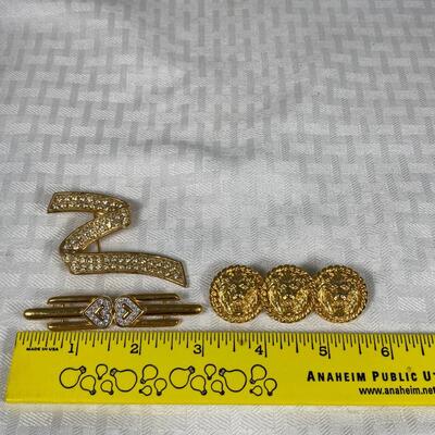 Three Piece Gold Tone & Rhinestone Pin Brooch Lot