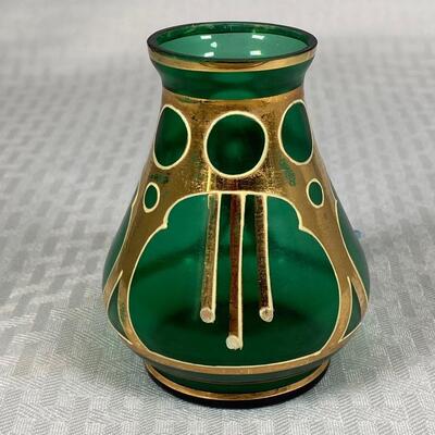 Vintage Art Deco Green Glass Gold Accent Bud Vase Bottle
