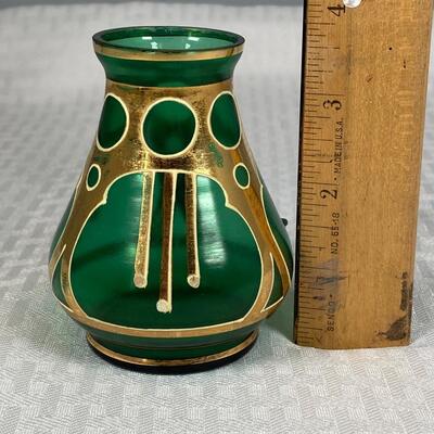 Vintage Art Deco Green Glass Gold Accent Bud Vase Bottle