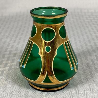Vintage Art Deco Green Glass Gold Accent Bud Vase Bottle