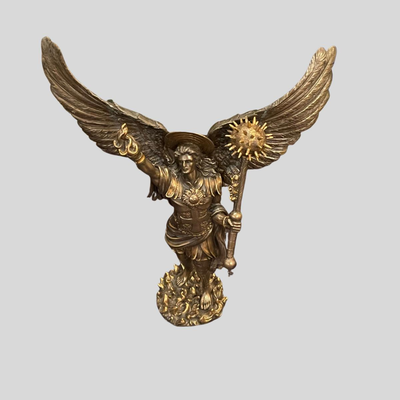 Archangel Uriel Battle Angel with Mace & Torch Bronze Patina Statue - 12"