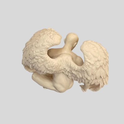 Nude Winged Grieving Male Angel Alabaster Statue - 8" x 5"