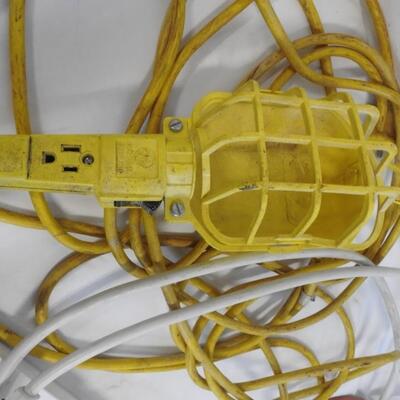 3 pc Garage/Tools: Orange Extension Cord, Yellow Shop Light, & Surge Protector