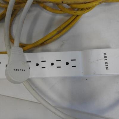 3 pc Garage/Tools: Orange Extension Cord, Yellow Shop Light, & Surge Protector