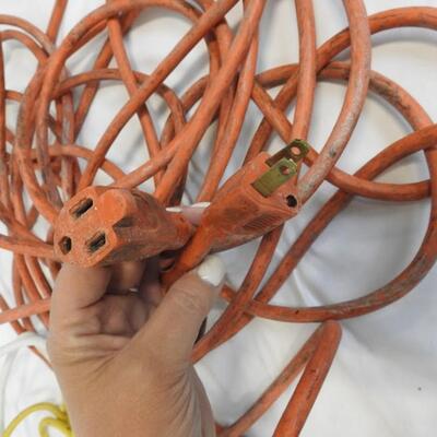 3 pc Garage/Tools: Orange Extension Cord, Yellow Shop Light, & Surge Protector