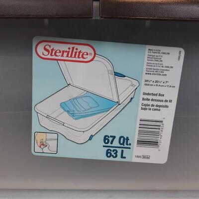 2 Underbed Storage Boxes with Lids & Wheels, by Sterilite 66qt/67qt.