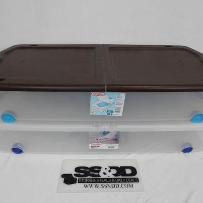 2 Underbed Storage Boxes with Lids & Wheels, by Sterilite 66qt/67qt.