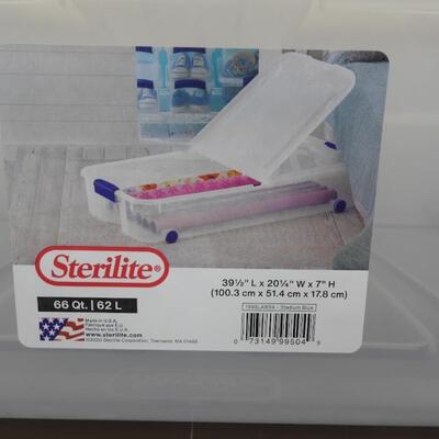 2 Underbed Storage Boxes with Lids & Wheels, by Sterilite 66qt/67qt.