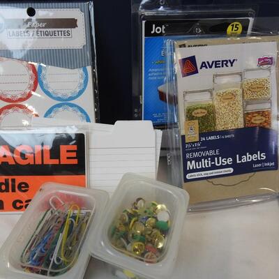 Office Lot: Igloo File tote, Binders, Labels, Writing Paper, Clipboard