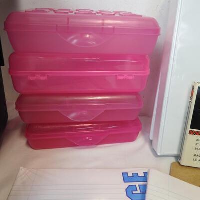 Office Lot: Igloo File tote, Binders, Labels, Writing Paper, Clipboard