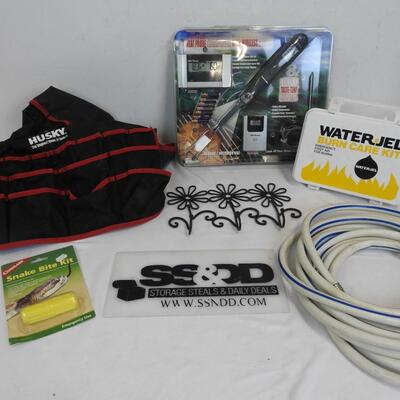 6 pc Verious Home & Garden: Tool Organizer, Burn Care, Meat Thermometer, Hose