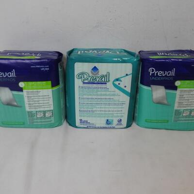3 Pkgs Prevail Adult Underpads, Size Large, 23"x36", 45 Pads Total-New