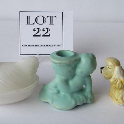 Vintage Pottery Figural Candle Holder, Covered Hen Dish, Shaker