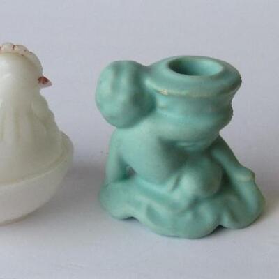 Vintage Pottery Figural Candle Holder, Covered Hen Dish, Shaker