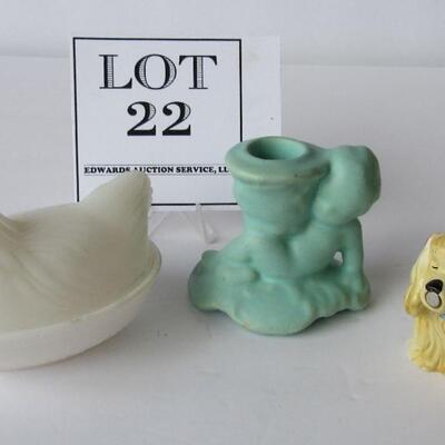 Vintage Pottery Figural Candle Holder, Covered Hen Dish, Shaker