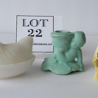 Vintage Pottery Figural Candle Holder, Covered Hen Dish, Shaker