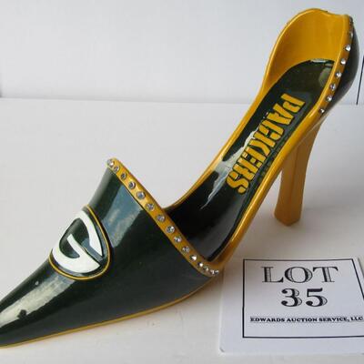 Unusual Very Large Shoe, Green Bay Packers Decorative Item, Rhinestone Trim