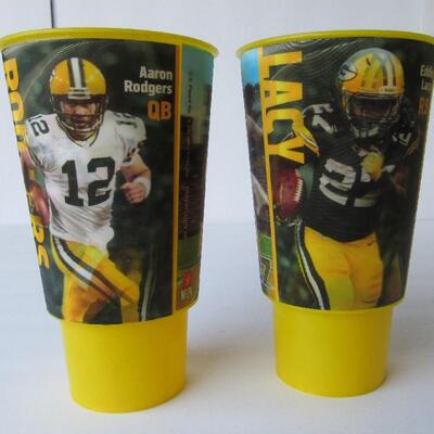 2 Older Tall Green Bay Packers Tumblers, Aaron Rogers, Eddie Lacy, Dynamic Drinkware