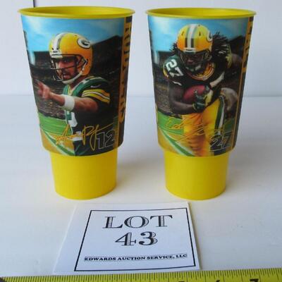 2 Older Tall Green Bay Packers Tumblers, Aaron Rogers, Eddie Lacy, Dynamic Drinkware